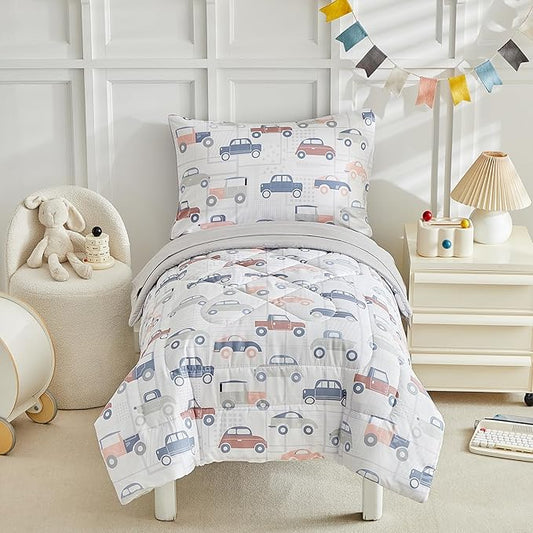 JHXHMX Car Toddler Bedding Set for Boys,4 Piece Bed-in-a-Bag Toddler Comforter Set,Soft Crib Bed Set Including Comforter,Flat Sheet,Fitted Sheet and Pillowcase-Gray