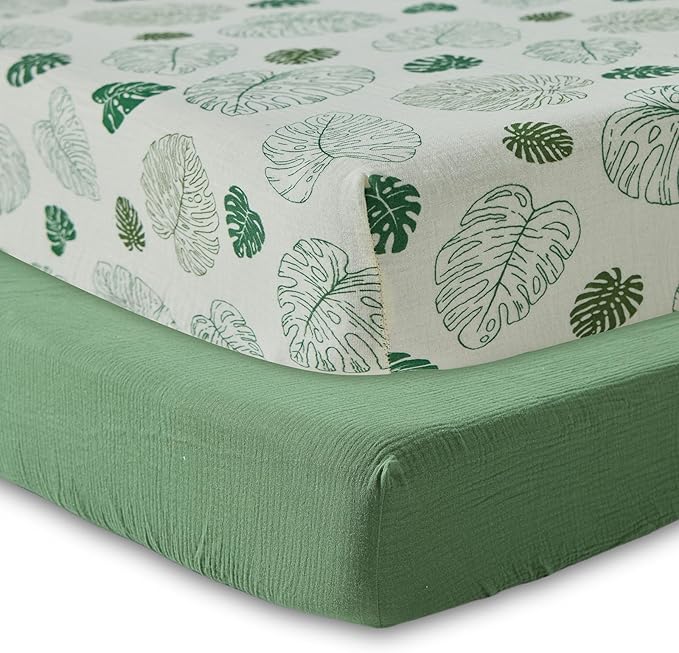 Zdolmy Muslin Crib Sheets for Girl Boy, 2 Pack 100% Cotton Crib Sheet for Standard Crib Mattress(28"x 52"), Fitted and Soft Breathable Crib Mattress Sheet, 360° Wrapping (Monstera & Dark Green)