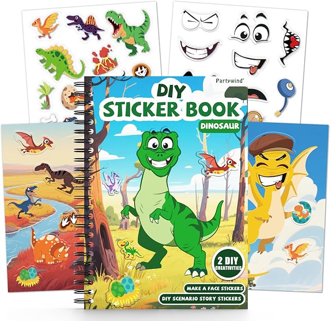Dinosaur Reusable Sticker Book for Toddlers, DIY Make-a-face Animals Fun Jelly Stickers, Washable Puffy Stickers for Kids Toys, Airplane Road Trip Travel Activities Essentials for Kids 3 4 5 Years