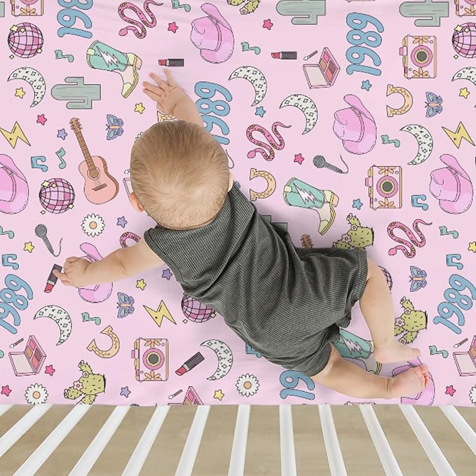 Cute Music Star Era Western Baby Crib Sheets for Boy Girl 52"x28" Desert Country Cactus Moon Soft Stretchy Fitted Crib Mattress Covers 90s Cowgirl Disco Baby Sheet for Crib and Toddler Bed Mattress