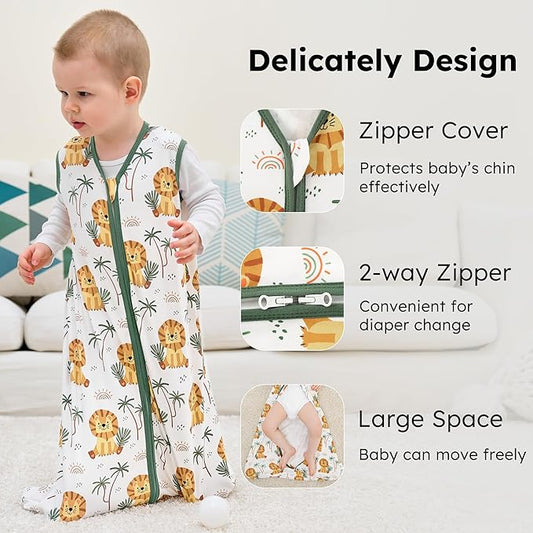 Baby Sleep Sack 18-24 months, 100% Cotton Sleeping Sack for Toddler, 3 Pack Baby Wearable Blanket, 0.5 Tog Lightweight Double Zipper Sleep Bag XLarge Brown Green Lion