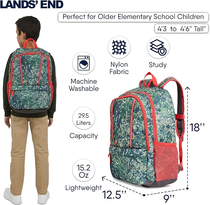 Lands' End Unisex Kids Large ClassMate Lightweight Durable Elementary School Backpack, Dusty Olive