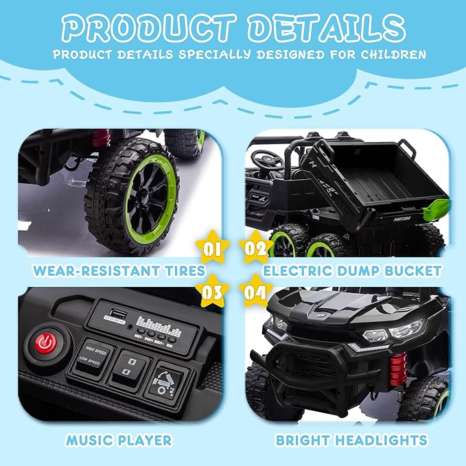 24V 2 Seater 4WD 6x6 Ride On Dump Truck with Remote Control, Ride on Toys for Big Kids with 20inch Seat, 3 Speeds, 4X100 Motors, Music, Ride on Truck for Toddler Boys Girls, Black