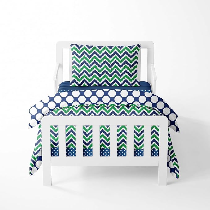 Bacati - Mix N Match 4 Pc Toddler Bedding Set 100 Percent Cotton Includes Reversible Comforter, Fitted Sheet, Top Sheet, and Pillow Case for Boys (Navy/Green)