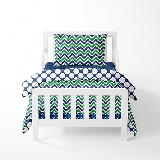 Bacati - Mix N Match 4 Pc Toddler Bedding Set 100 Percent Cotton Includes Reversible Comforter, Fitted Sheet, Top Sheet, and Pillow Case for Boys (Navy/Green)