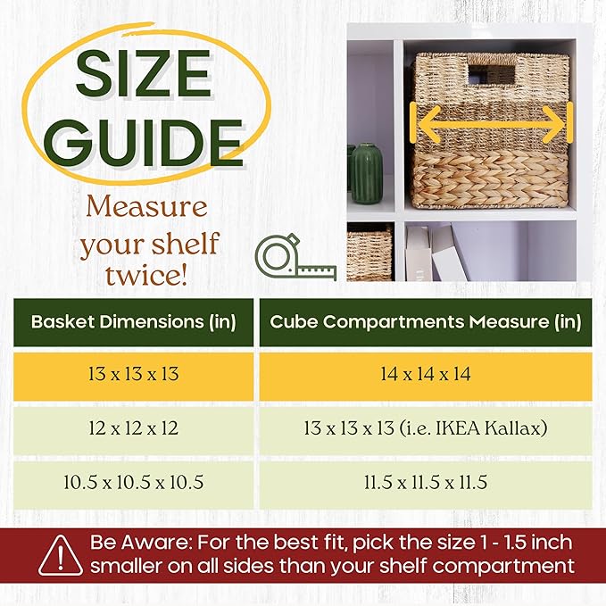 CHI AN HOME 13x13x13 Storage Cube Bins Wicker Storage Basket for Cube Shelf, Natural Foldable Square Baskets for Storage, Large Woven Cube Storage Bin with Handle, Baskets for Pantry, Bedroom Set of 4