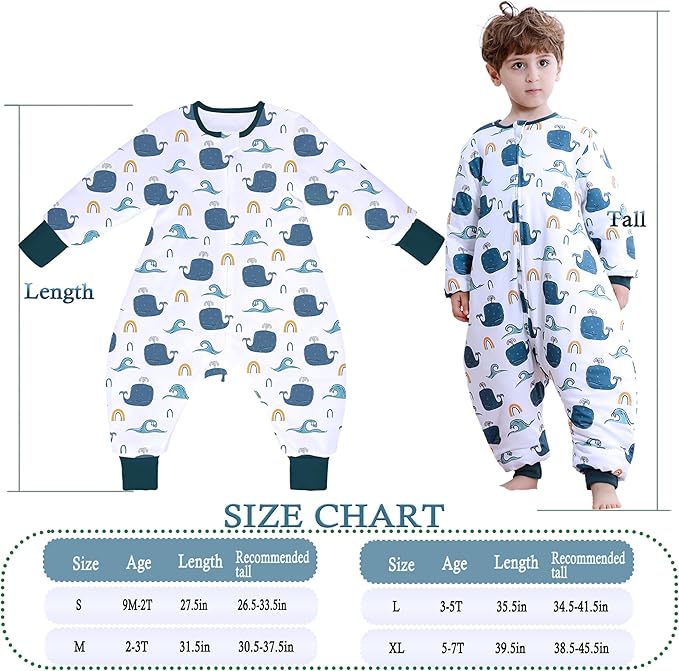 Toddler Sleep Sacks 2.5 TOG Winter Long Sleeve Sleep Sack with Legs 2-Way Zipper Baby Wearable Blanket