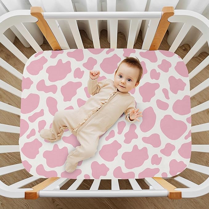 Cow Print Skin Pink Crib Sheets Soft Breathable Fitted Baby Crib Sheets Mattress Cover for Girl Boys, 52" x 28" x 9"