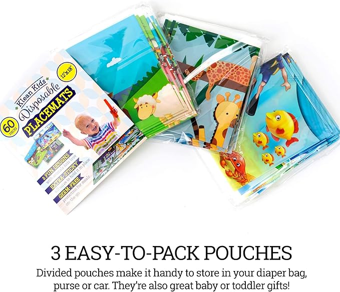 40 Pack Disposable Placemats for Baby, 3 Design Pack Baby Eating Mat, 12" x 18" Sticky Kids Placemat, Toddler Place mat for Restaurants, Plastic Kids Placemats for Dining Table