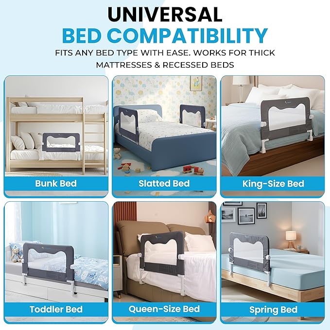 TotCraft MiniFlex Adjustable Length & Height Bed Rail for Toddlers – Fits Twin, Full & Queen Beds – 35.5″ or 47″ Two Fixed Lengths – 14 Height Levels – ASTM Certified Toddler Bed Rail for Kids (Grey)