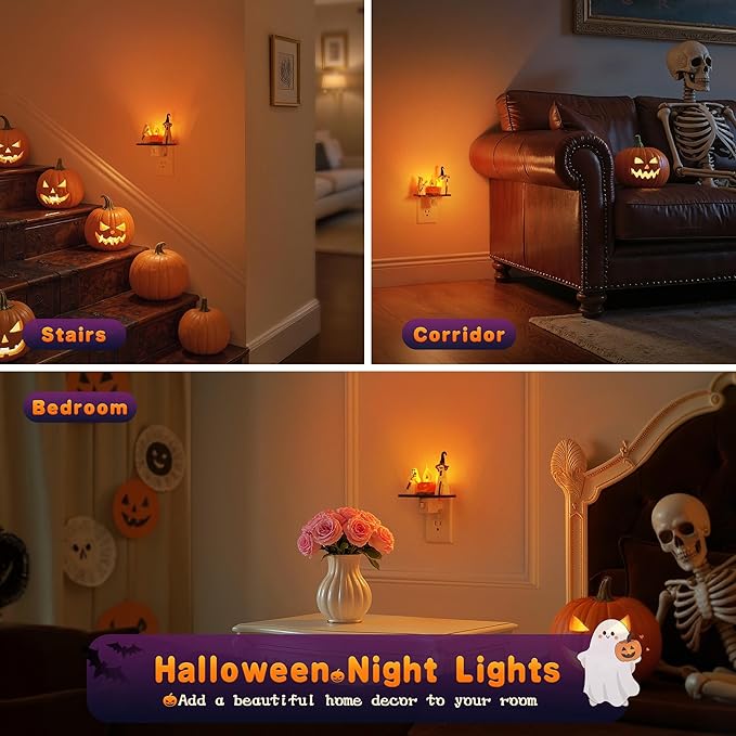 Halloween Night Light,Amber Night Lights Plug into Wall,Cute & Funny Flaming Jumping Night Light,Ghost & Pumpkin Plug in Nightlight with 360° Rotatable for Kids Halloween Party Decor,2 Pack