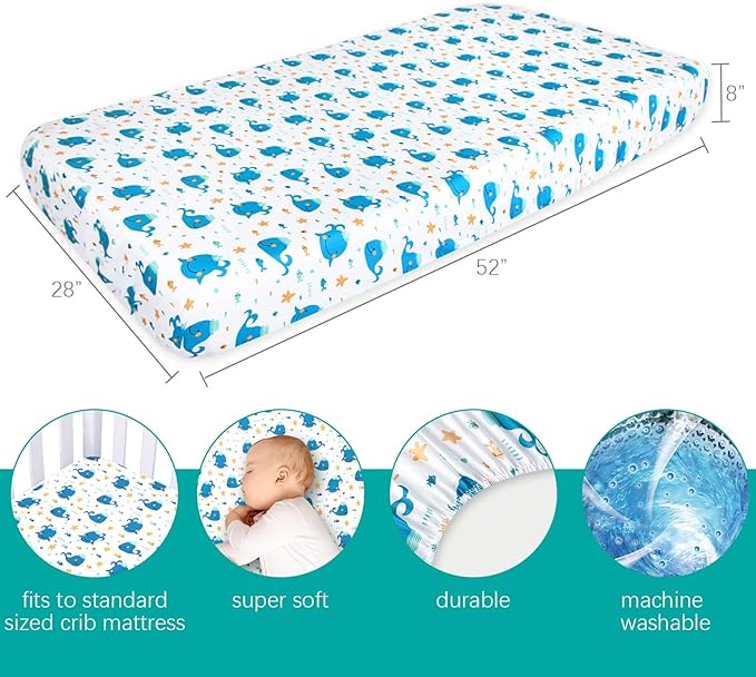 Biloban 3-Piece Toddler Sheet Set Microfiber, Toddler Bedding Set Includes Crib Mattress Sheet, Flat Sheet and Envelope Pillowcase, Silky Soft, Breathable and Lightweight, Whale