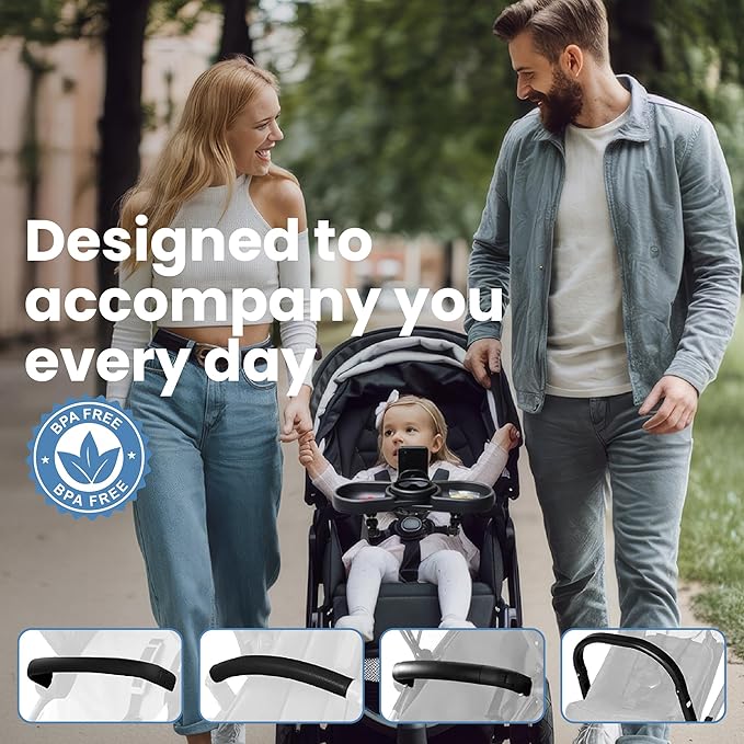 Snugbee Universal Stroller Tray with Cup Holder & Phone Mount – Fits iPhone 16 Pro Max – 360° Rotation, Easy Tool-Free Installation, Durable & Easy to Clean – Includes Instruction Manual