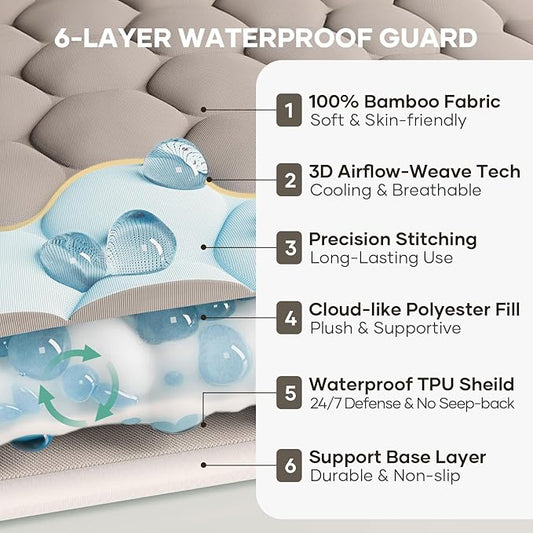 OhGeni 100% Waterproof Mattress Protector,Queen Size Mattress Soft Pad,Hair & Bedwetting Resistant,Cooling Breathable Fitted Sheets,Washable Bed Cover,Non-Slip Deep Pocket,Noiseless for Bedroom,Brown