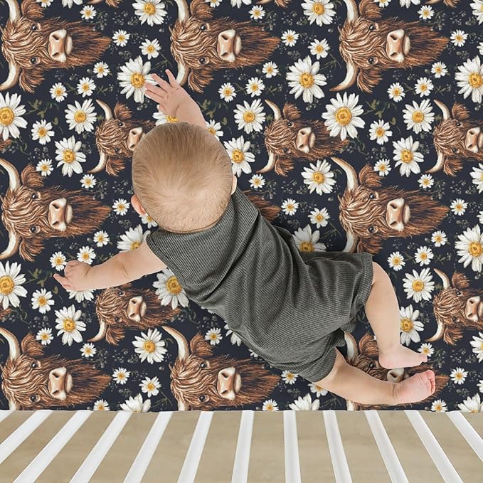 Vintage Highland Cows Daisy Baby Crib Sheets for Boy Girl 52x28Inch Retro Highland Yak Boho Floral Soft Stretchy Fitted Crib Mattress Cover Farm Baby Sheet for Standard Crib and Toddler Bed Mattress