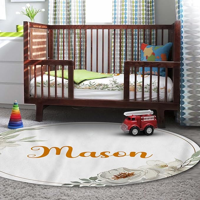 Floral Personalized Baby Crib Bedding Set – Custom Name 5-Piece Nursery Crib Set with Baby Blanket Fitted Sheet Changing Pad Cover Room Rug and Wall Art – Girl’s Nursery Decor