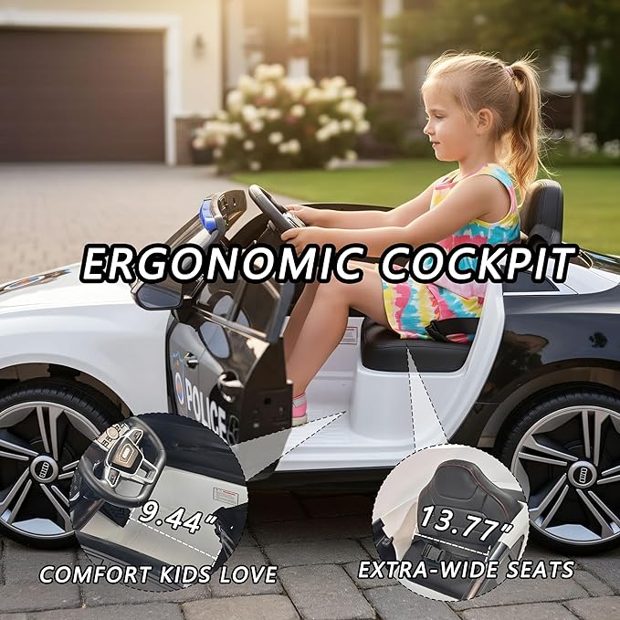 12V Kids Police Ride On Car with Remote Control, Flashing Lights, Siren & Megaphone, Bluetooth Music, Rocking Mode, Leather Seat, 3 Speeds, Battery Powered Electric Vehicle for Boys & Girls