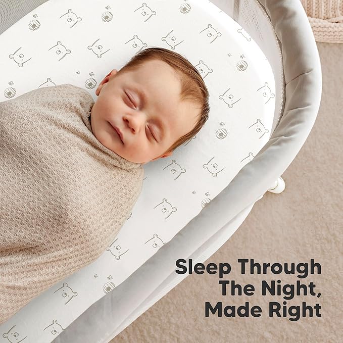 2-Pack Organic Bassinet Sheets for Girls, Boys - 100% Cotton Bassinet Mattress Sheets Compatible with Halo Bassinest Swivel Sleeper, Graco, Baby Delight, Chicco, Fitted Bassinet Sheets (Bumble Bear)