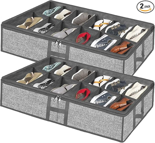 Meerainy Under Bed Shoe Storage Organizer for Closet 2 Pack- Fits 24 Pairs Underbed Shoes Rack Container Boxes with H Shap Sturdy Handles and Clear Window,Foldable Shoe Rack Holder,Grey