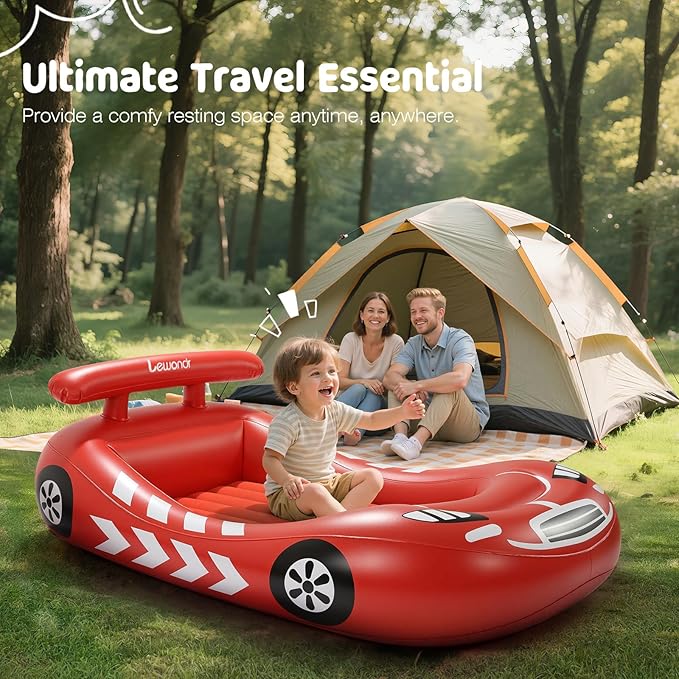 Lewondr Inflatable Kids Bed, Racecar Toddler Air Mattress with Safety Bumpers, Toddler Blow up Mattress with Hand Pump, Portable Toddler Travel Bed for Camping, Sleepovers, Vacation & Home, Red