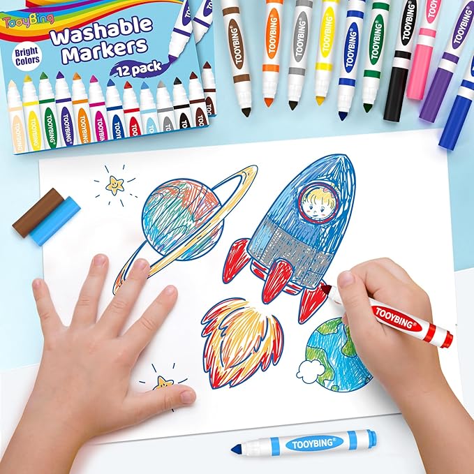 TooyBing 12 Color Washable Markers, Colored Washable Markers for Kids, Broad Tip Durable for Coloring Book, Back to Classroom Art School Supplies for Students Teachers Children