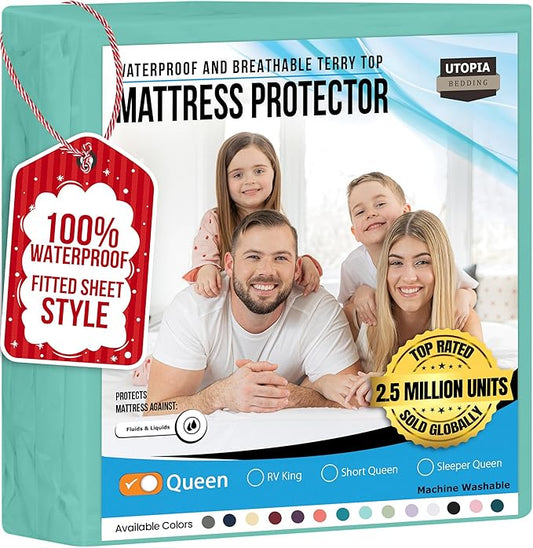 Utopia Bedding Waterproof Mattress Protector Queen Size, Premium 200 GSM Terry Mattress Cover, Soft & Breathable Bed Cover, Fitted Sheet Style with Stretchable Deep Pockets 17" (Spa Blue)