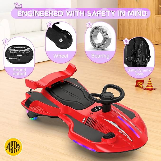 12V Electric Wiggle Car with Pedal for Kids, Rechargeable 2 in 1 Swing Car, Drifting Ride On Toys with Backrest, Anti-Rollover, Spray, Flashing Light, Music, for Ages 3 and Up