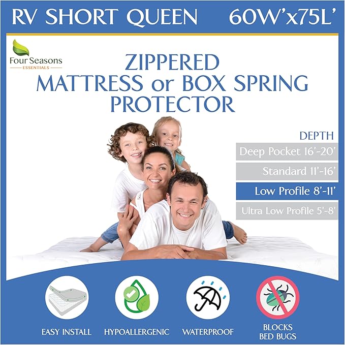 RV Short Queen Mattress Protector (8” to 11” Depth) - Waterproof Zippered Encasement 60" W x 75”L Premium Quality Hypoallergenic Bed Cover Protects Against Bedbugs Dust