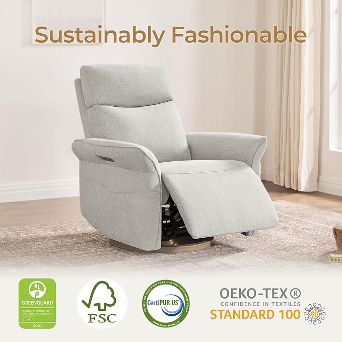 CHITA Power Recliner Chair, Electric Triple-Motor Swivel Glider Nursery Rocking Chair with Adjustable Power Headrest and Lumbar Support, Solid Wood Base, Crockery Grey