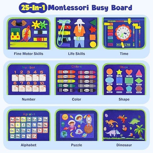 Asten Busy Board Montessori Toys for Toddlers: Busy Book Sensory Board Quiet Books Educational Activity Book for 3 4 5 Year Old Gifts for Boys Girls Kids, Toddler Travel Toys for Airplane Car (Blue)
