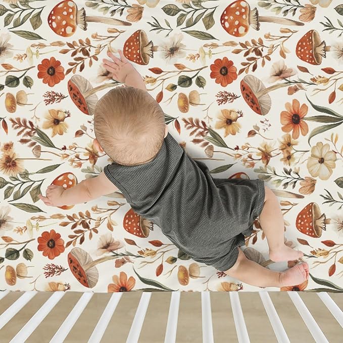 Boho Mushroom Floral Leaves Baby Crib Sheets for Boy Girl 28"x52" Vintage Mushrooms Soft Stretchy Fitted Crib Mattress Cover Retro Mushroom Nursery Baby Sheet for Standard Crib and Toddler Mattress