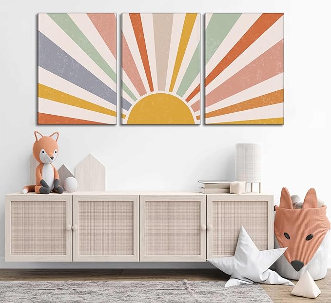 3 Pieces Nursery Boho Canvas Wall Art Rainbow Sun Rising on the Horizon Geometric Nature Illustration Line Pictures Wall Decor Posters Prints for Toddler Kids Room Home Decoration