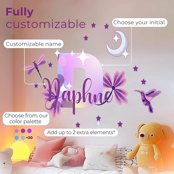 CRYPTONITE Custom Stickers Name & Initial Wall Decor with Purple Flower | Custom Decal for Baby Girl Nursery Decor (E. Floral)