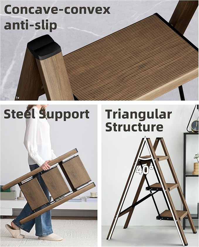 HillhutApex 3 Step Stool, Aluminum Foldable Step Ladder, Lightweight Stable Stool with Wide Non-Slip Pedals, 330lbs Bearing Capacity Ladder for Office,Home,Kitchen - Walnut