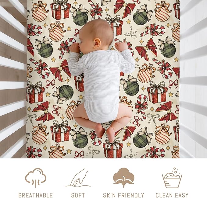 Vintage Christmas Baby Crib Sheets for Boy Girl Cute Christmas Bows Gift Balls Candy Glitter Soft Snug Fitted Crib Mattress Covers for 52x28 Standard Crib & Toddler Mattress Winter Holiday Bed Sheet