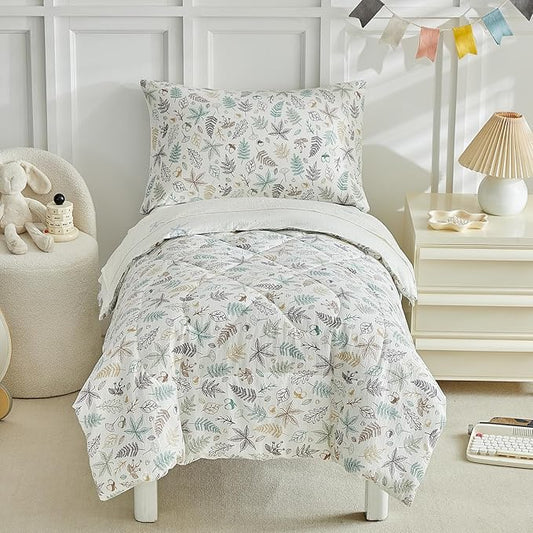 JHXHMX 4 Pieces Toddler Bedding Set for Girls,Leaves Pattern Toddler Comforter Set,Soft Crib Bed Set Including Comforter,Sheets and Pillowcase-Leaf