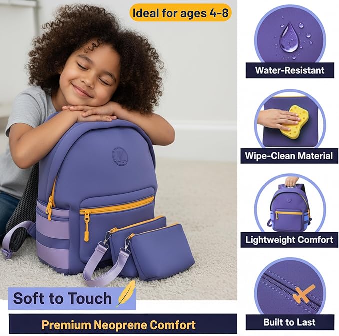 Kaywee 3pc Neoprene Kids Travel Backpack SET| 2 zipper pouches | Preschool backpack with AirTag holder for kids |Purple Toddler Girl Backpack toddler backpack for girls daycare essentials