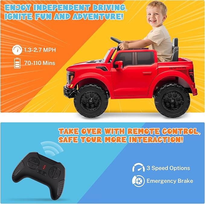 ENYOPRO 12V Licensed Ford F-150 Raptor Kids Ride On Truck, Electric Toy Car for Children w/Parent Remote Control, LED Lights, Bluetooth, Battery-Powered Ride On Car for Boys & Girls Ages 3 and Up, Red