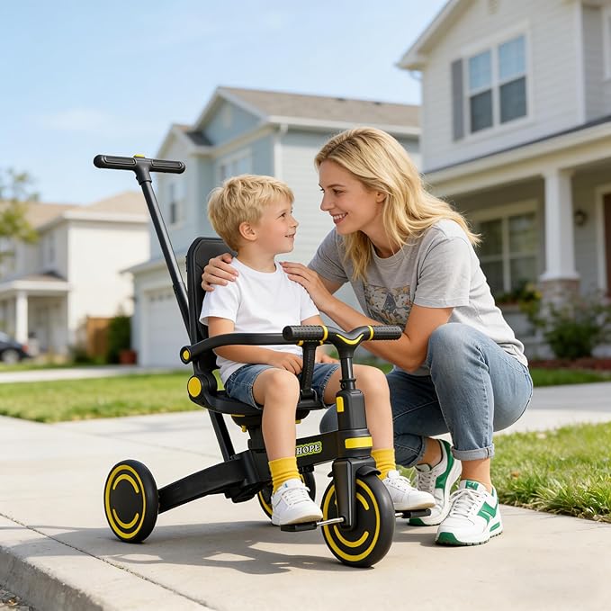 WinHope 9-in-1 Push Tricycle for Toddlers 1-3 Years | Convertible Kids Trike with Adjustable Parent Handle & Safety Harness, Lightweight Foldable Design + Storage Basket for Boys & Girls (Black)