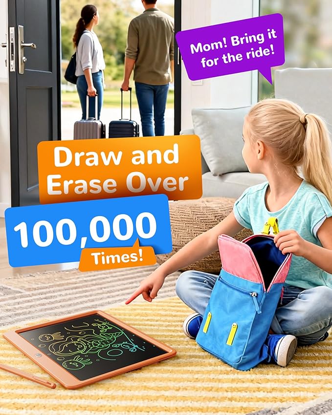 KOKODI LCD Writing Tablet, 12 Inch Colorful Toddler Doodle Board Drawing Tablet, Erasable Reusable Electronic Drawing Pads, Educational and Learning Toy for 3-6 Years Old Boy and Girls(Orange)