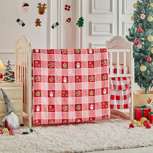 Christmas Crib Bedding Set 3 Pcs Pink Red Plaid with Gingerbread Man, Soft Quilted Comforter Sheet & Skirt, Festive Baby Crib Bedding