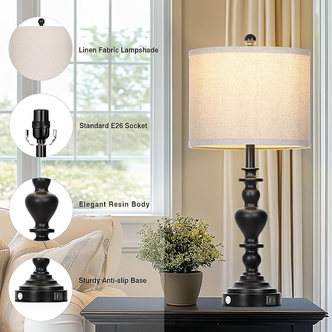 luxeflow Farmhouse Table Lamps Set of 2, 27" Black Vintage Bedside Lamps with USB A+C Charging Ports, 3-Way Dimmable Touch Control Rustic Nightstand Lamp for Living Room Office(Bulbs Included)