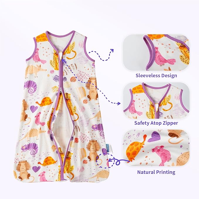 TILLYOU 2 Pack Baby Sleep Sack 18-24 Months 100% Cotton Wearable Blanket 0.5 TOG Sleeveless Summer Sleep Sacks with 2-Way Zipper, Animal Graffiti & Purple