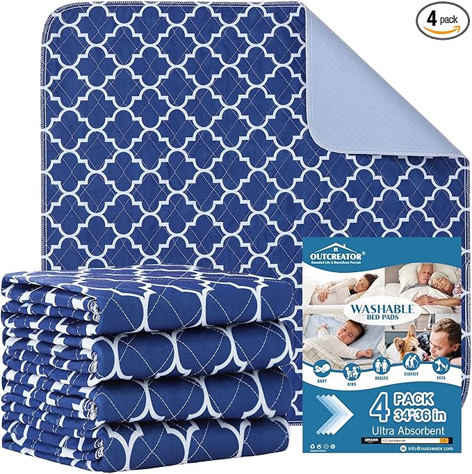 OUTCREATOR® Washable Bed Pads 34" x 36" (Pack of 4), Incontinence Mattress Protector, Anti-Slip Waterproof Underpads for Adults Kids Elderly Pets,Heavy Absorbency & Reusable Bedwetting Pads(Dark Blue)