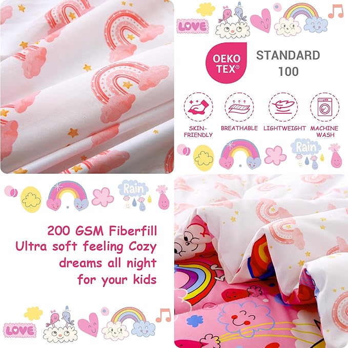 Mooreeke 4 Pieces Toddler Bedding Set - Pink Rainbow Cloud Toddler Comforter Sets for Girls, Includes Comforter, Flat Sheet, Fitted Sheet and Pillowcase, Bed in A Bag for Baby Bedroom