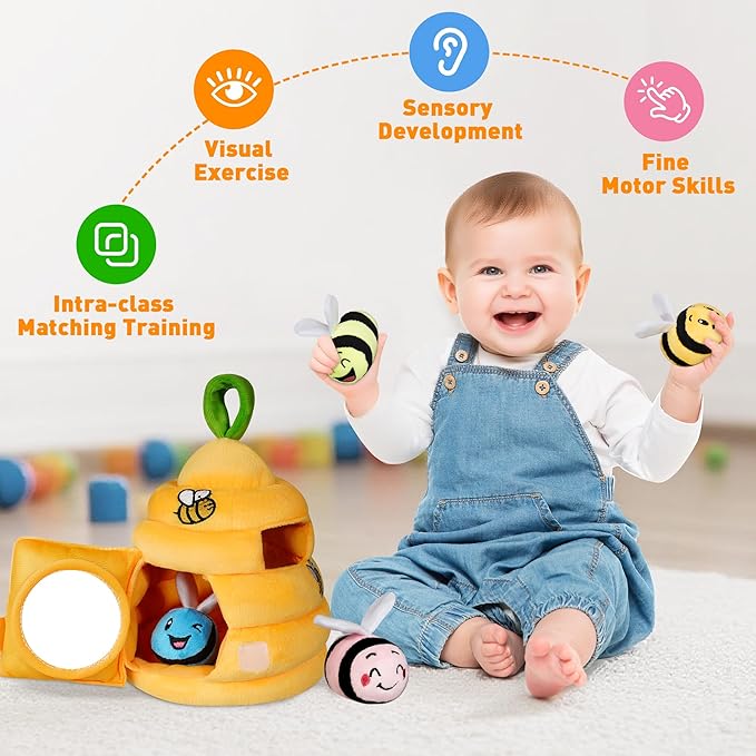 Baby Toys 6-12 Months, Plush Beehive with 4 Sensory Bees, Map Pad, Rattle, Crinkle Paper, Squeaker, Mirror, Montessori Toy for 6 7 8 9 10 11 12 Month Old, Infant Toys Christmas Birthday Gift