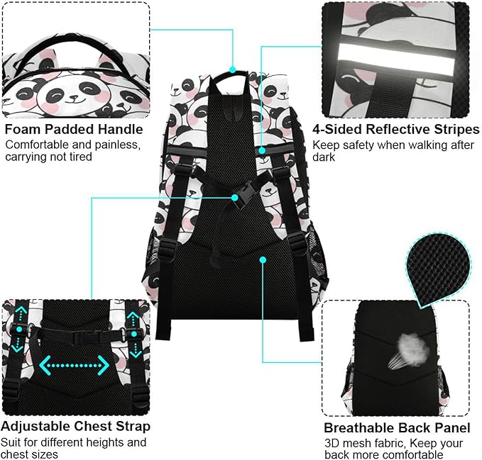 MNSRUU School Backpack with Chest Strap, Dot With Cute Panda Laptop Backpack, Travel Hiking Backpack for Boys Girls, Rucksack, Knapsack