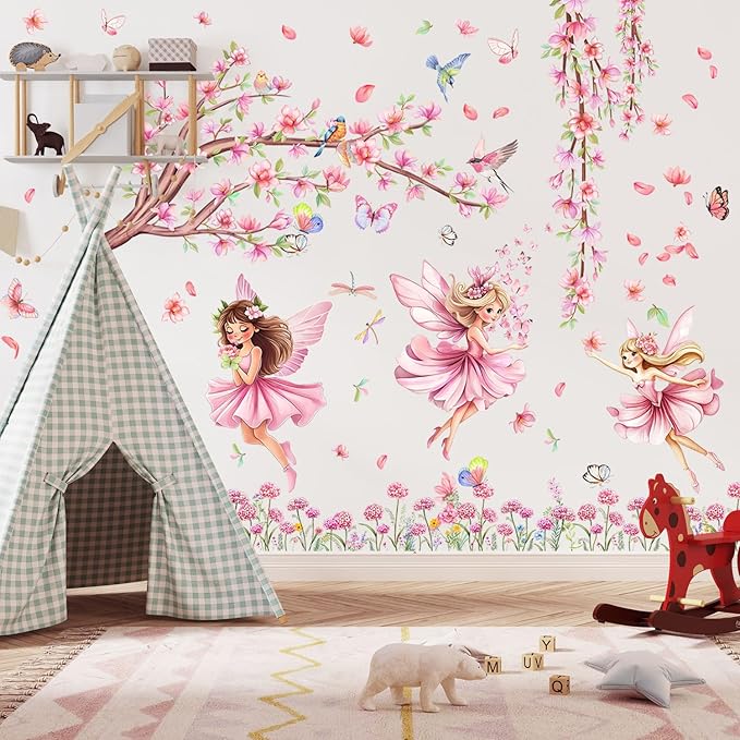 CharmFlo Pink Fairy Garden Wall Decals with Cherry Blossom Tree Floral Wall Stickers Peel and Stick Butterflies Birds DIY Wall Art for Girls Bedroom Baby Nursery Kids Room