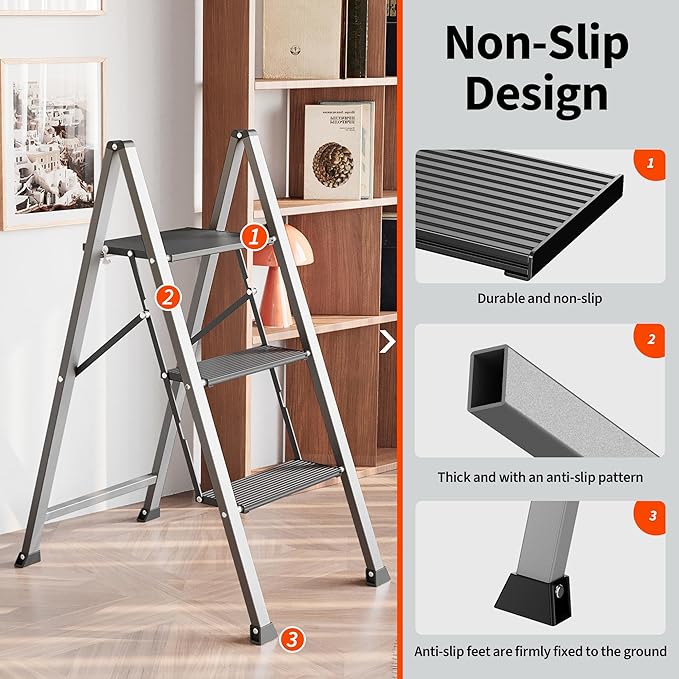 DiamondForge 3 Step Ladder,800 lbs Capacity Aluminum Ladder, Folding Step Stool for Adults, Anti-Slip Sturdy and Wide Pedal, Lightweight and Portable Stepladder for Home,Office, Kitchen