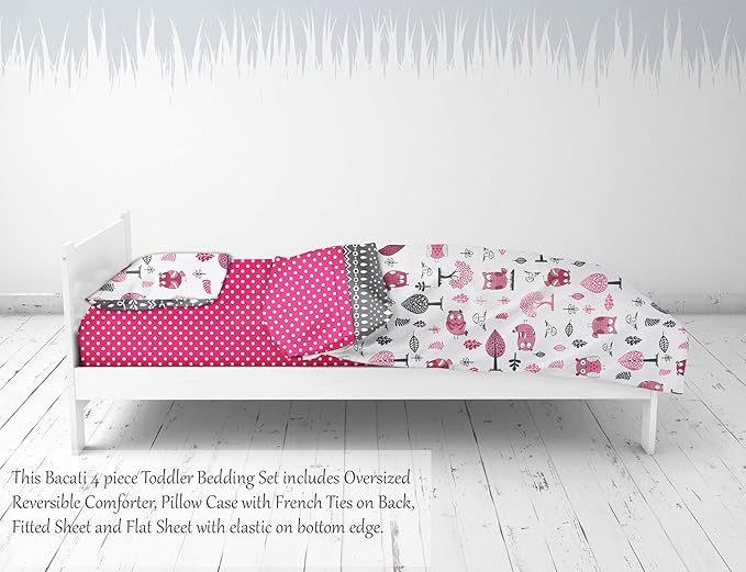 Bacati Owls Girls Cotton 4 Pc Toddler Bedding Set, Pink/Grey
